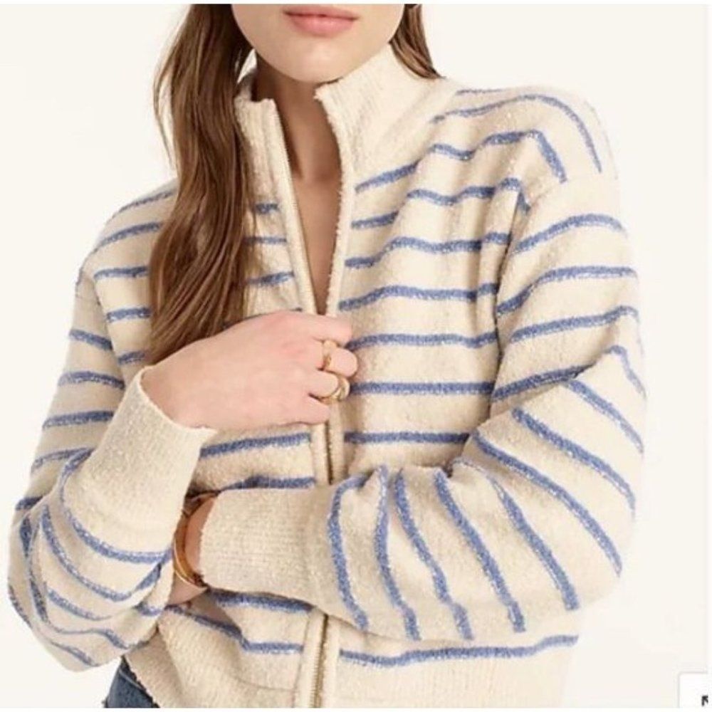 J. Crew XL Zip-up Cotton Bouclé Sweater in Stripe Cream Blue